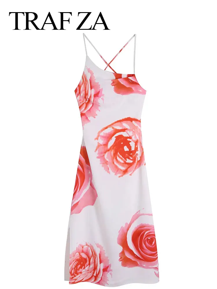

TRAF ZA Tie Dye Print Dress Long Flowers Elegant Chic Sling Sleeveless Backless Lace Up Slant Collar Side Slit Slim Sexy Lady