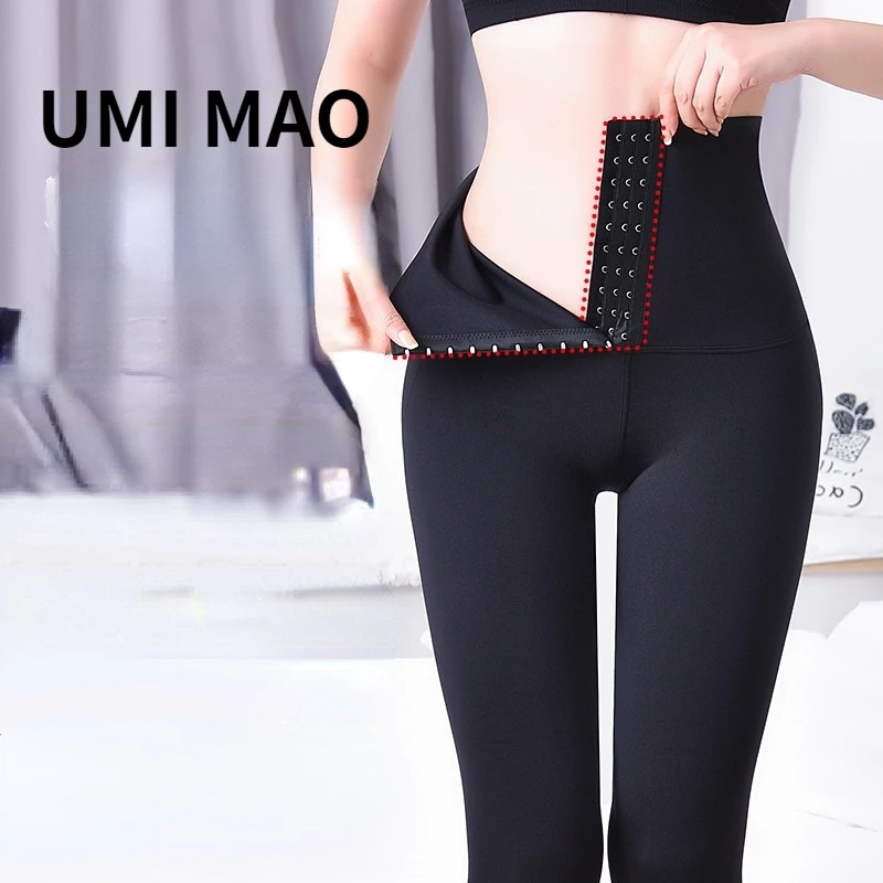 UMI MAO High Waisted Belly 9-point Pants Body-shaping Breasted Buckle Waist Crotch Lift Hip Sports Yoga Pants Femme Woman Y2K
