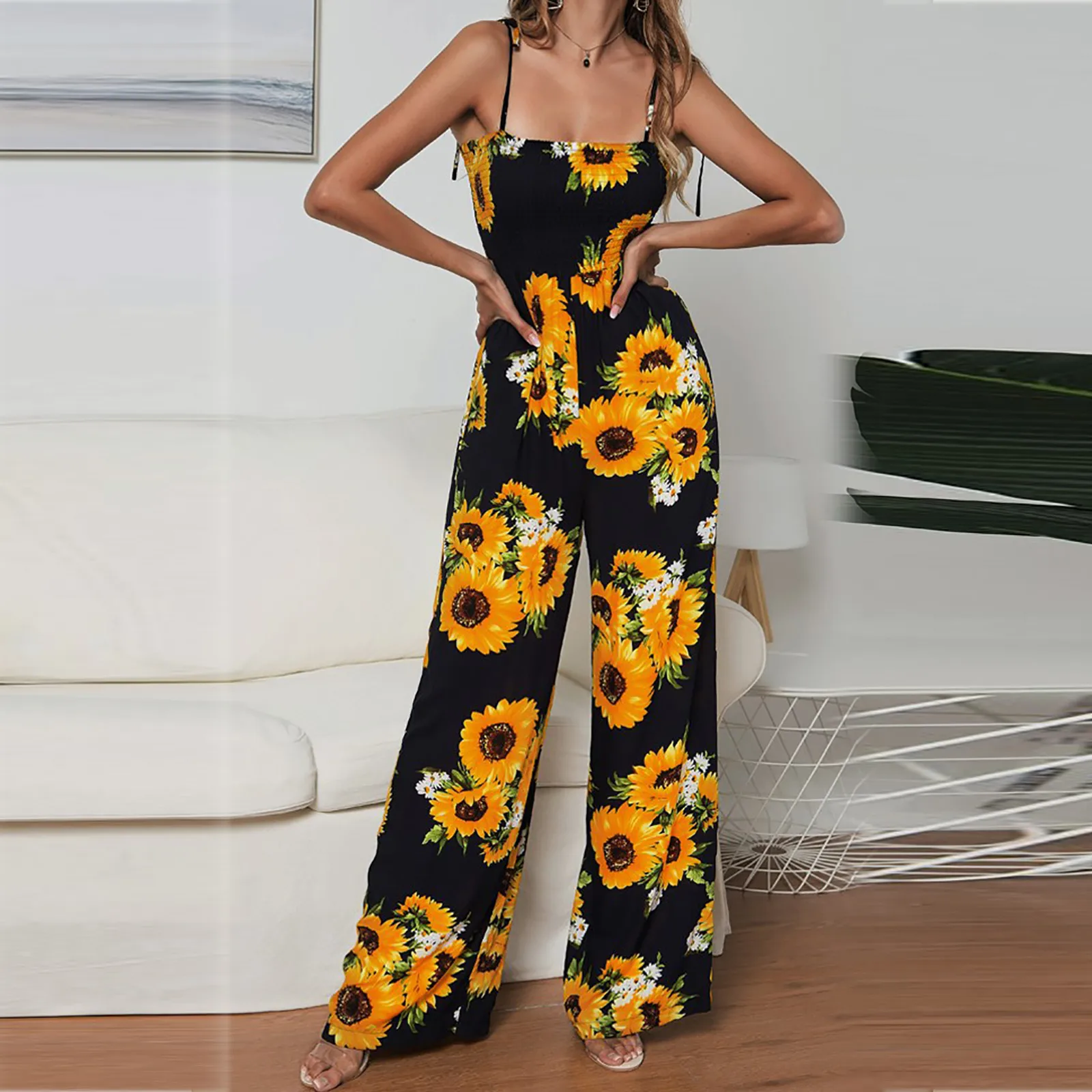 

Sporty Jumpsuit Elegant Woman Party Bodysuit Floral Women Sexy Romper Women Jump Suit Woman's Sunflower Print Bandage Playsuit