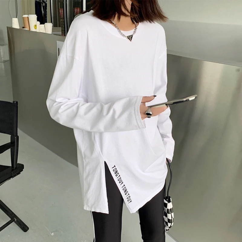 

3144#Official Figure Pure Cotton Long SleeveTT-shirt Women's Mid-Length Japanese and Korean Bottoming Shirt Spring and Autumnins