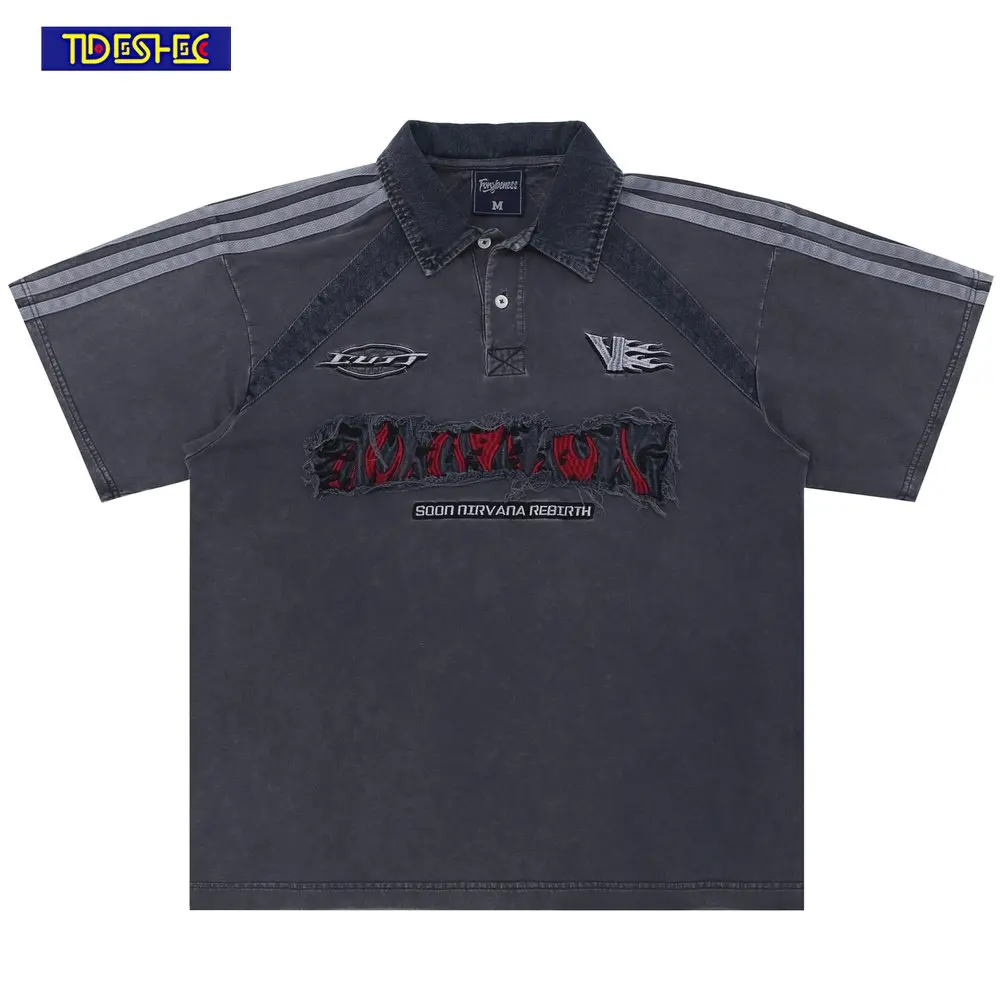 

Hip Hop Vintage Polo Shirts Mens Short Sleeve T-shirt Letters Embroidery Streetwear Heavy Industry Couple Oversized Tops Tees
