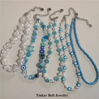 kpop goth cute acrylic blue white heart smiley pearl beaded neck choker necklace for women egirl harajuku y2k aesthetic jewelry