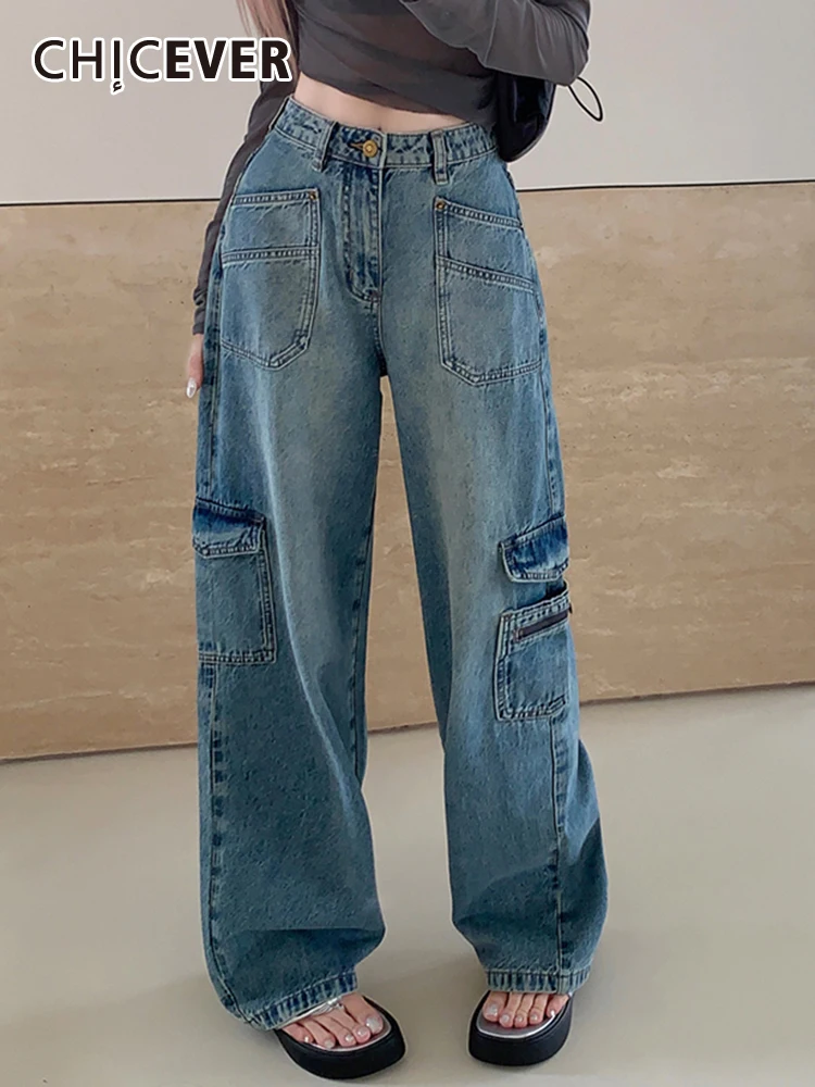 

Брюки-карго женские джинсовые с высокой талией и карманами