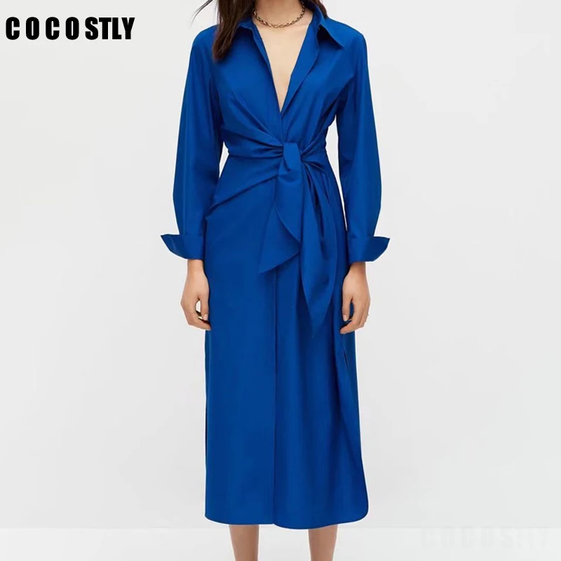 Vestido Midi informal para mujer, prenda elegante con cinturón, color azul liso, 2022