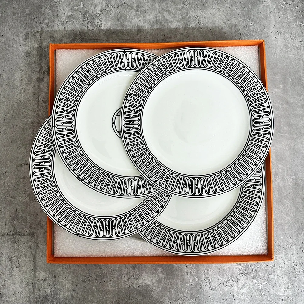 

8-Inch 4-Piece Set Ceramic Dinner Plates Black Line Ceramic Dish Charger Plate Yellow Grid Dinnerware Plate Set Serving Dish