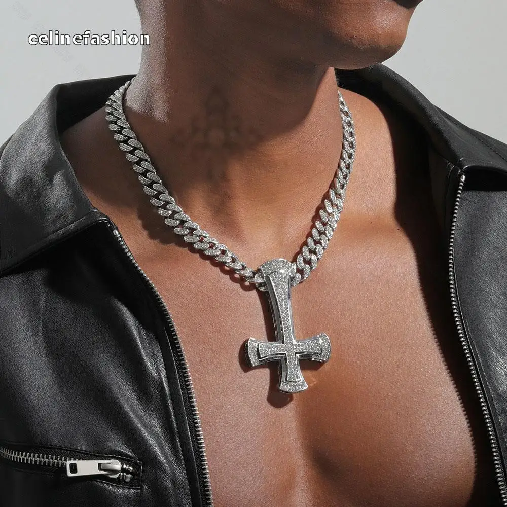 

Hiphop Rock Cross Necklace Punk Exaggerated Chain Pave Inlaid Zircon Body Jewelry For Men Personality Neck Accessories Cool Body