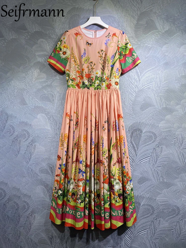 Seifrmann High Quality Summer Women Fashion Designer Cotton Dress Short Sleeve High Waist Big Swing Floral Printed Long Dresses