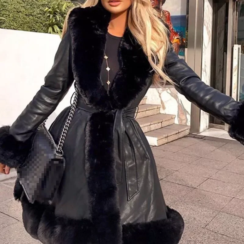 New in 2022 PU Leather Jackets Women Fashion Tie Belt Waist Coats Women Elegant Side Pockets Faux Fur Long Jackets Female Ladies