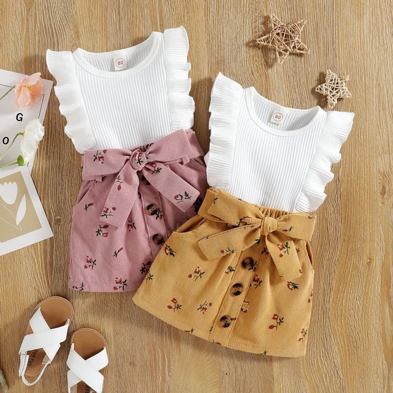 

1-4 Years Baby Girls 2pcs Skirt Set, Sleeveless Ruffle O-neck Tops Shirt, Floral Waist Belt Short Skirt, Toddler Summer Outfits