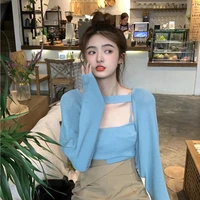 f girls women 2 piece set top 2021 autumn korean chic tops gentle style blue square collar long sleeve sweater short suits