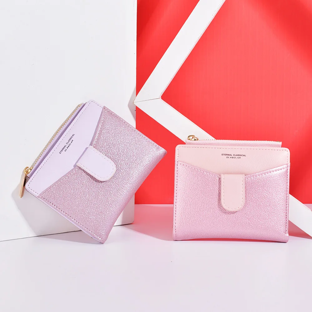 

New Women's Pu Wallet Korean Fashion Casual Sequins Contrast Color Stitching Zipper Buckle Coin Purse Women's Short Card Bag