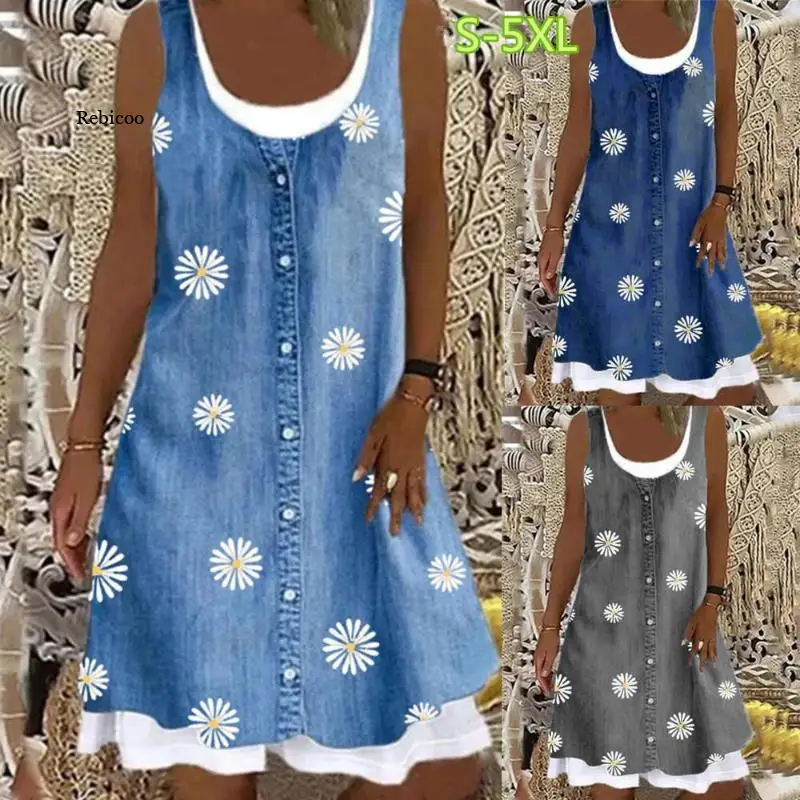 

Женское Повседневное платье-трапеция до колена, повседневное джинсовое платье без рукавов с принтом в стиле пэчворк, весна-лето 2022