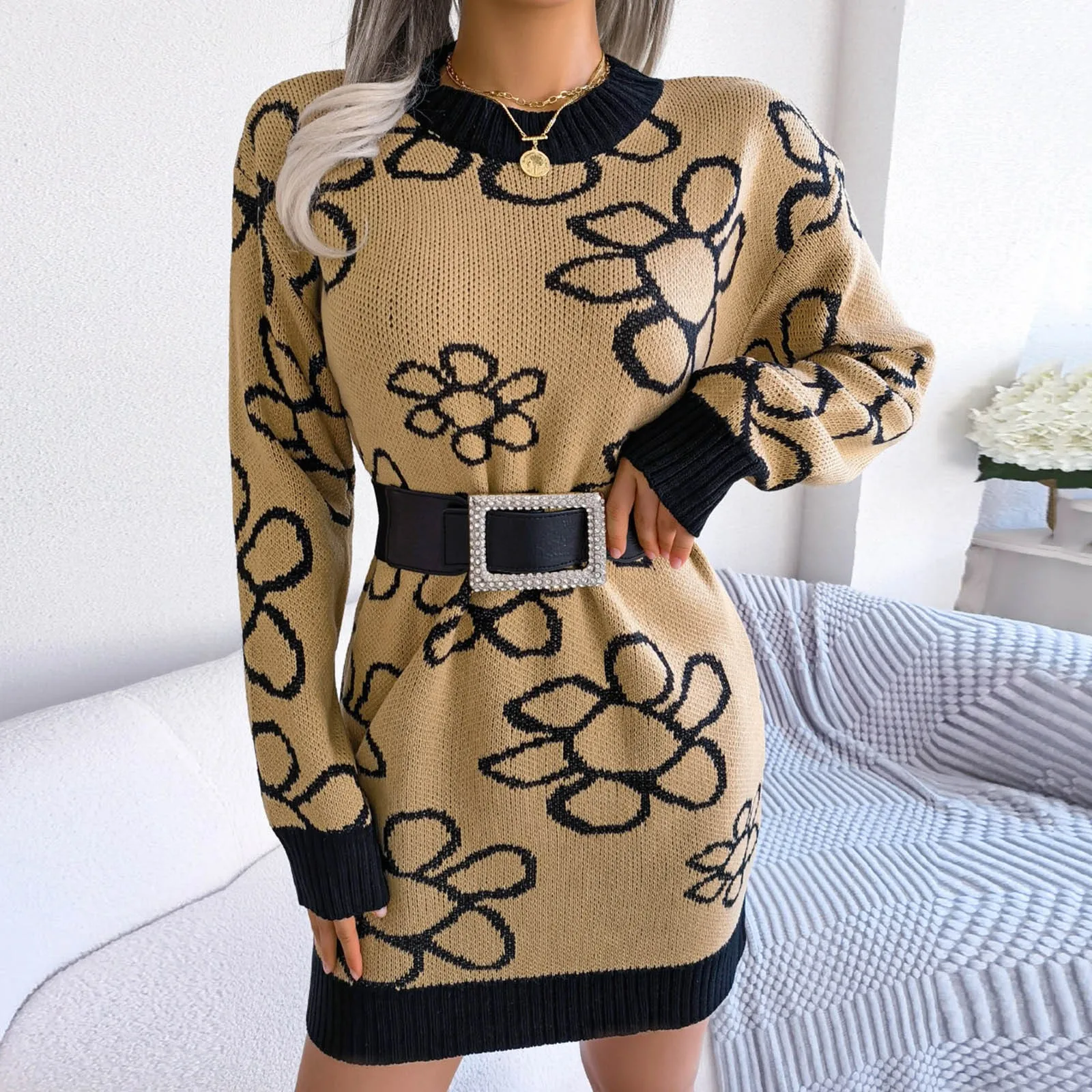 

Womens Smockneck Puff Long Sleeve Bodycon Pullover Cute Mini Sweater Dress Tunic Dresses for Women