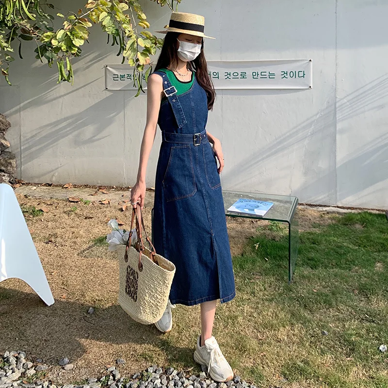 

Spring Summer 2022 New Blue Color Retro Gentle Style Dress Women's Han Style Suspender Denim Skirt
