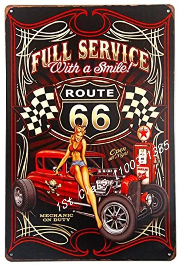 

Full Service Hot Rod Route 66 Die Cut Metal Sign pin up Girls with Smile Vintage Garage Wall Art 8x12 Inches