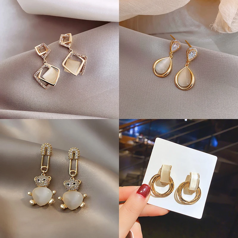 

Korean Elegant Opal Stone Drop Earrings For Women Fashion Geometric Crystal Dangle Ear Jewelry Girl's Luxury Accessories