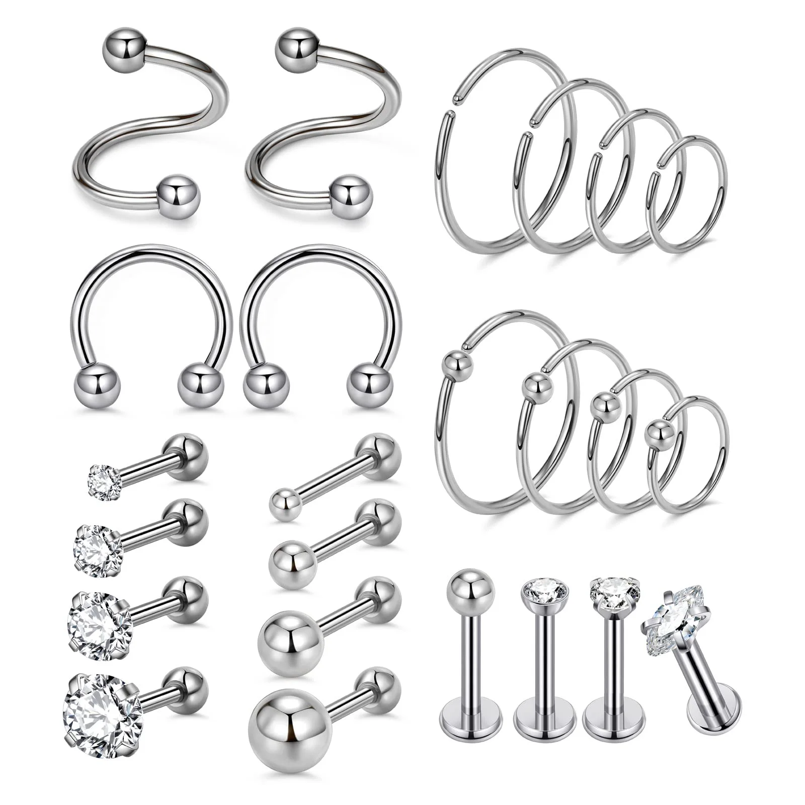 

24PCS Silver Cartilage Stud Earrings Helix Conch Tragus Daith Ear Piercing Jewelry 16G 20G Stainless Steel Small Hoop Earrings