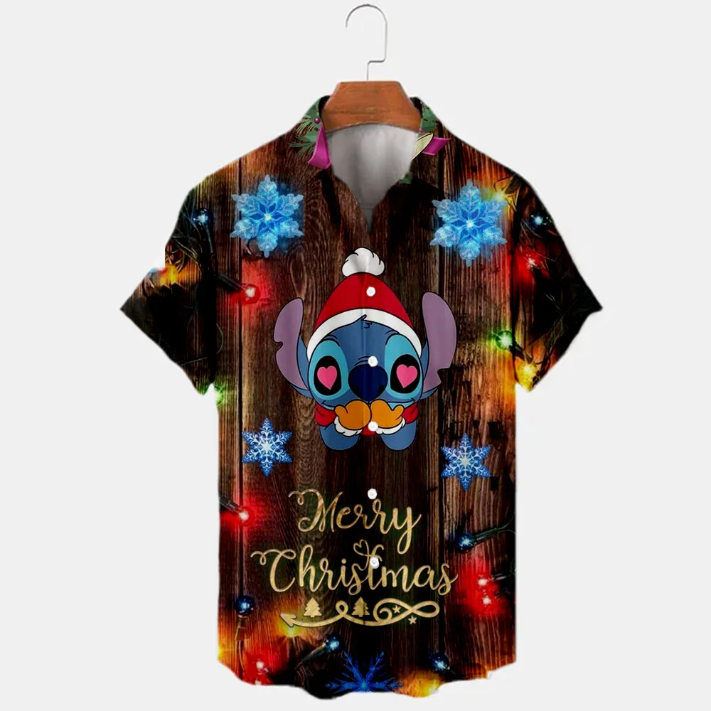 

Мужская приталенная рубашка с коротким рукавом, рубашка с 3D принтом из аниме «Стич и Микки», с отворотом, Y2K, Новая Рождественская коллекция ...