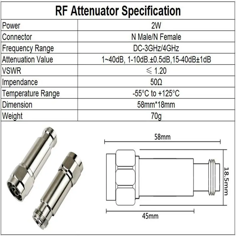 Коаксиальный фиксированный атенюатор RF N-типа 2 Вт 1 дБ 3 5 6 10 15 20 30 40 50 DC-4 ГГц Ом