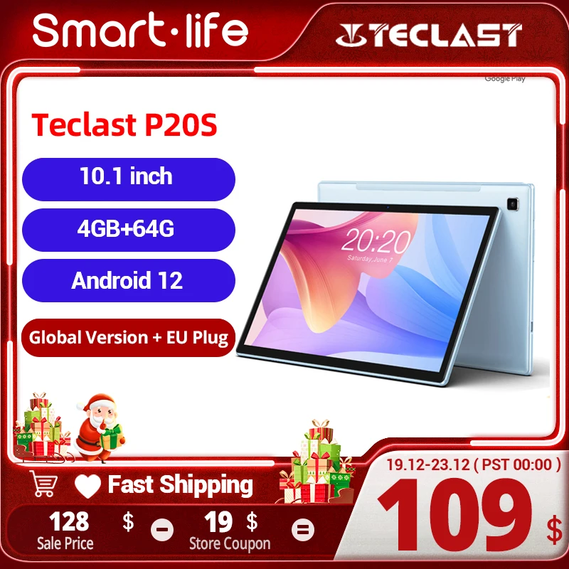 Teclast P20S 10.1 Inch 1280X800 IPS Tablet 4GB RAM 64GB ROM MTK P22 Octa Core Android 12 Dual Cameras Wifi GPS Type-C