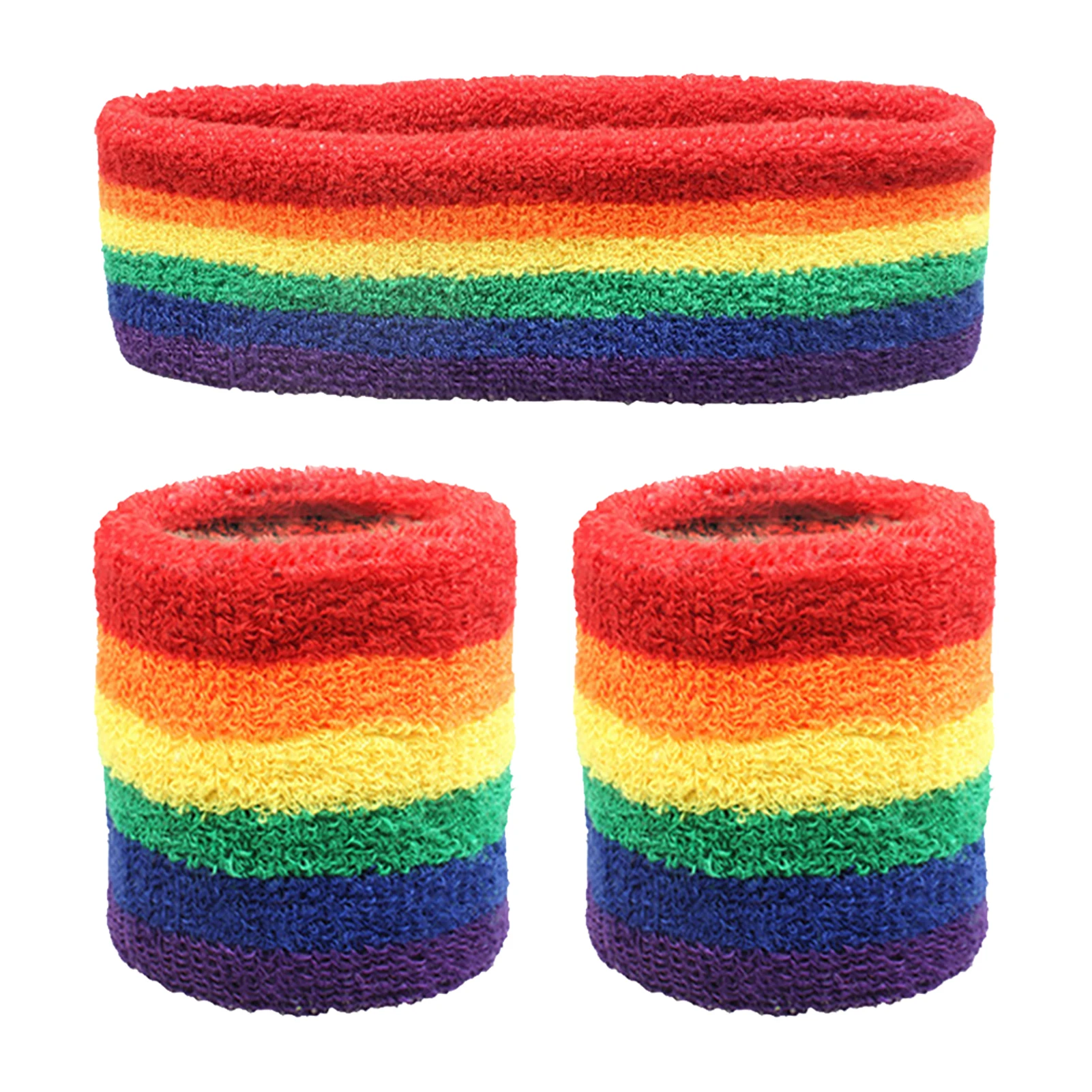 

3pcs Headband Wristband Rainbow Color Reusable Washable Striped For Sports Workout Cycling Sweat Absorption Soft Sweatband Set