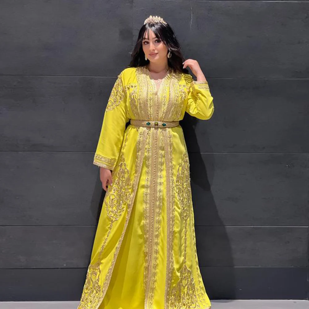 

Yellow Moroccan Kaftan Dubai Crystals Evening Dresses Lace Applique Saudi Arabic Muslim Special Occasion Prom Dress Plus Size