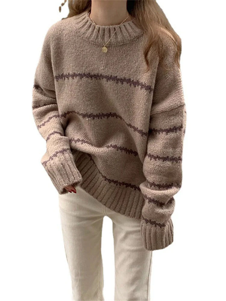 

Retro Japanese Lazy Loose Sweater Women's Thickened Autumn and Winter 2023 New Long Sleeve Striped Half High Neck Sweater