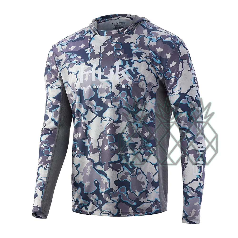Camisa de pesca respirável anti-uv do desempenho da luva longa do verão das camisas de pesca do hoodie de huk para o uso da pesca