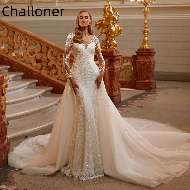 

Challoner Luxury Mermaid Satin Wedding Dress Detachable Train Long Sleeves Appliques Bride Gowns Squined Beaded Vestido de Novia