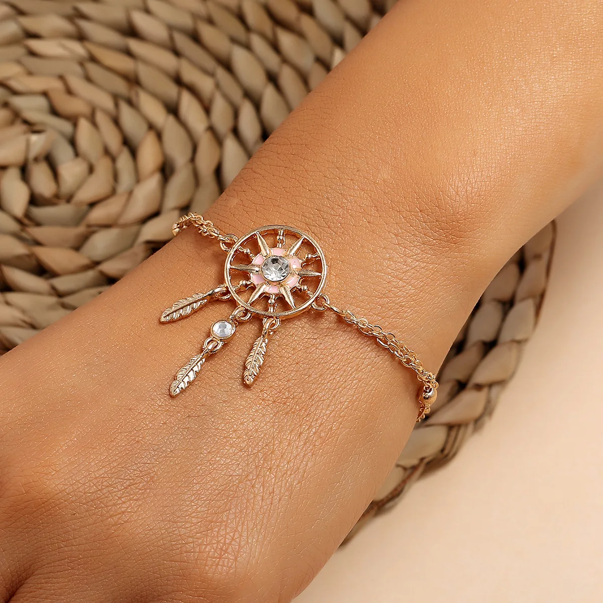 Богемный индийский темпераментный женский масляный капающий браслет со стразами и листьями браслет для ловли мечты Удачи Браслет Благословение подарок