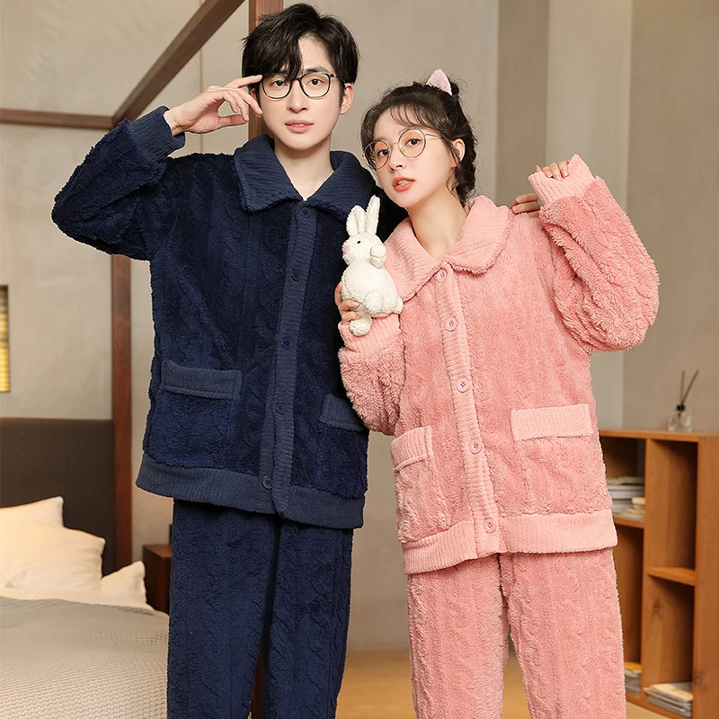 Winter Warm Couple Pajamas Man Women Fashion Thick Sleep Wear Solid Color Home Clothes Sleepwear