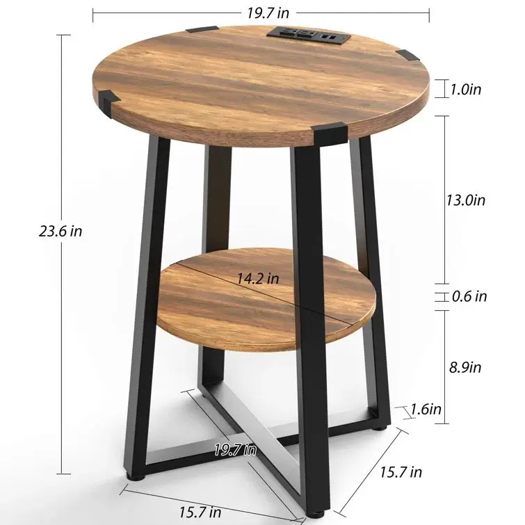 Приставной столик с деревянными полками 2-уровневый деревенский винтажный стол