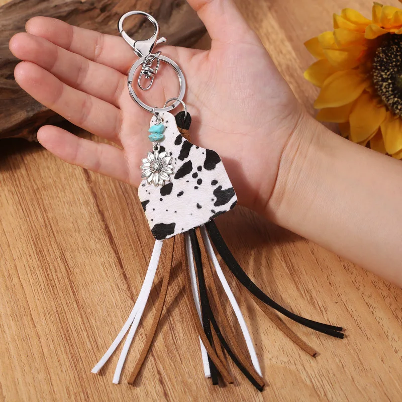 

Western Style Cowhide Ear Tag Fringe Key Chain Artificial Turquoise Suede Zebra Leopard Print Charm Alloy Sunflower Key Chain