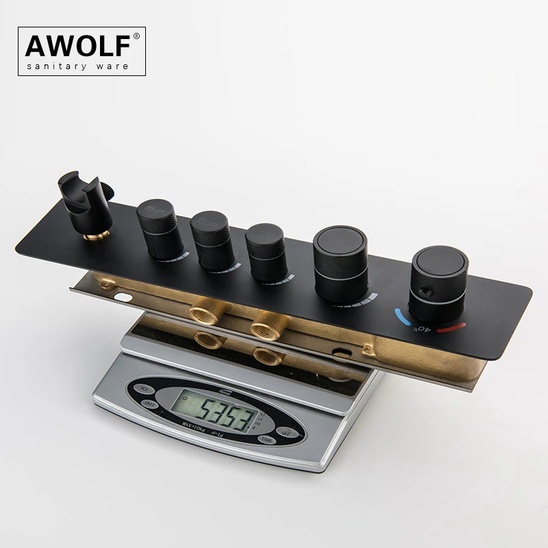 Фото Термостатическая Душевая система Awolf AH3063, черная, белая, твердая, латунь, настенное крепление, встраиваемый хромированный, для ванной комнат... №3