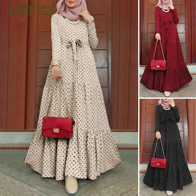 

Arab Women Polka Dot Long Sleeve Dress Stylish Belts Party Robe Loose Maxi Dress Muslim Kaftan Vetment Femme Hijab Hijab Robe