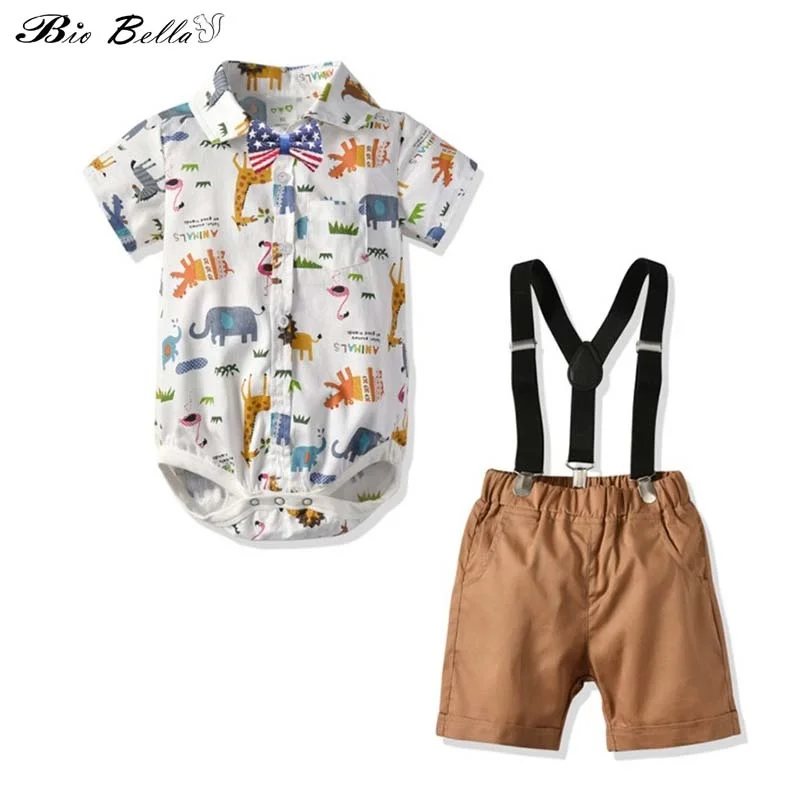 

Quality Boy Summer Cotton Robes Gentleman 3pcs Suit Animal Print Casual Short-sleeved Bodysuit+Suspender Shorts Boys Sets