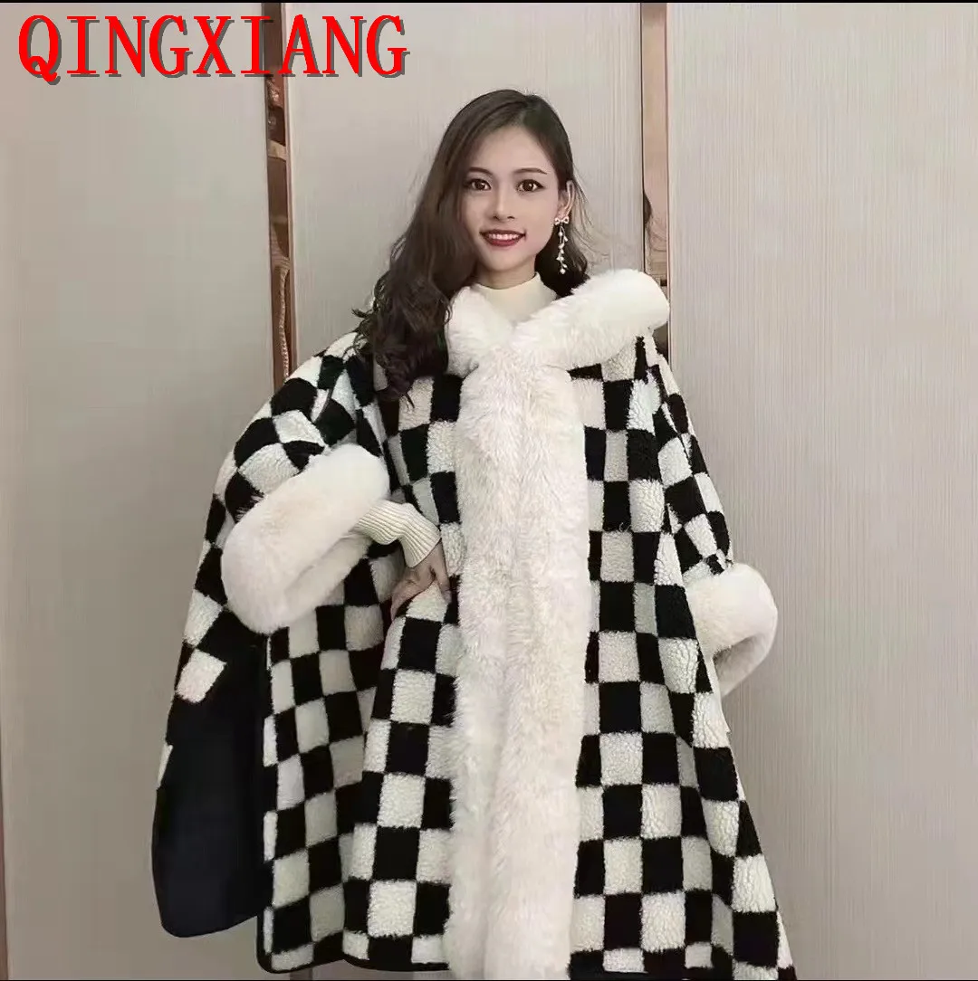 Женское длинное пончо с рукавами летучая мышь черно-белое клетчатое пальто из