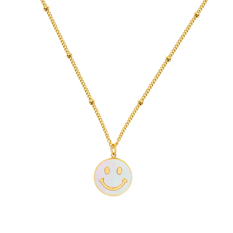 

Retro Smiley Face Pendant With White Shell Gothic Vinage Stainless Steel Chain Necklaces For Men And Women Goth Accessories