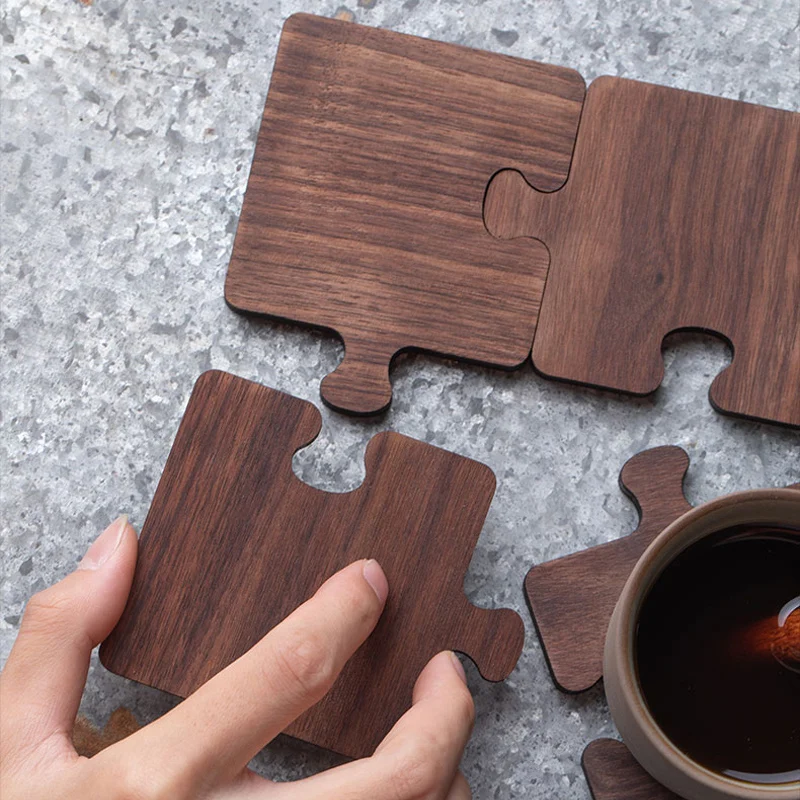 

4Pcs Walnut Wood Coaster Set Cute Puzzle Design Table Mat Drink Coasters Wooden Mug Cup Placemat Pot Holder Kitchen Accessories