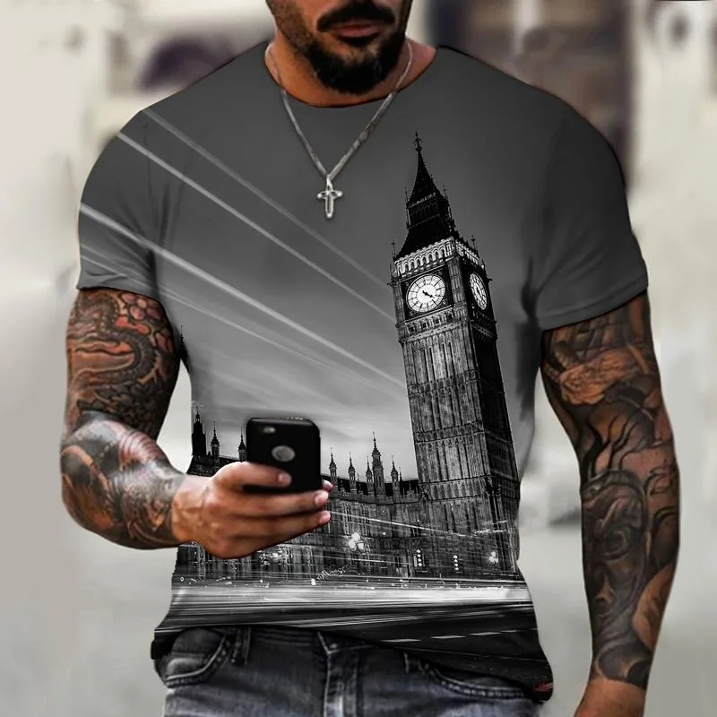 

2023 New Summer Men's T Shirts Exclusive Design European And American City Night View Nice Scenery 3D Printing Loose Oversize