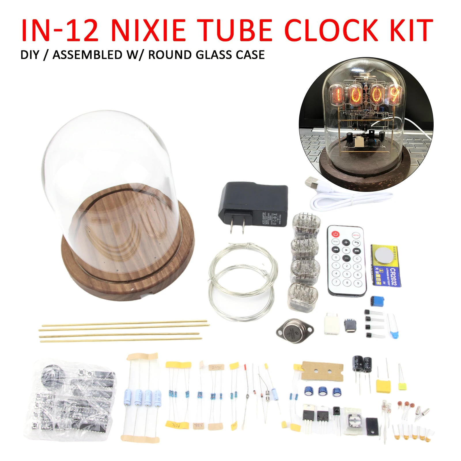 

Classic Vintage IN-12 Nixie Tube Clock Kit DIY / Assembled W/ Round Glass Case Wood Electrical Standard Alarm Clock Original
