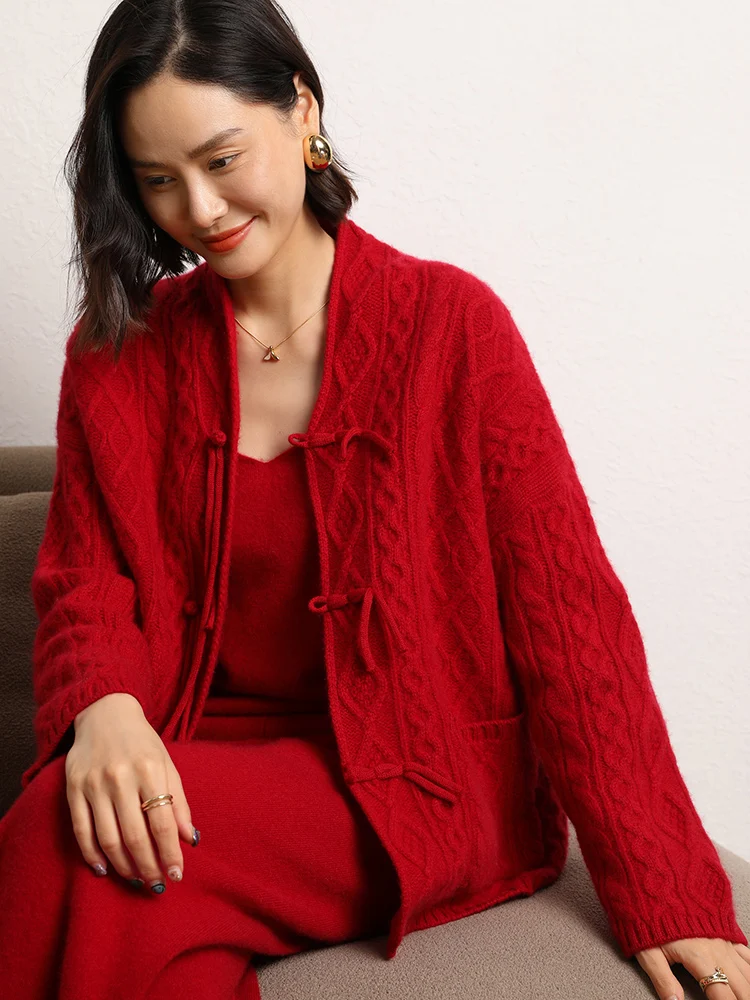 Новый китайский кашемировый кардиган с пряжкой женский утолщенный свитер