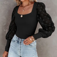 elegant office lady square collar knitted blouses tops fashion solid mesh dot puff sleeve design shirts 2022 spring women new