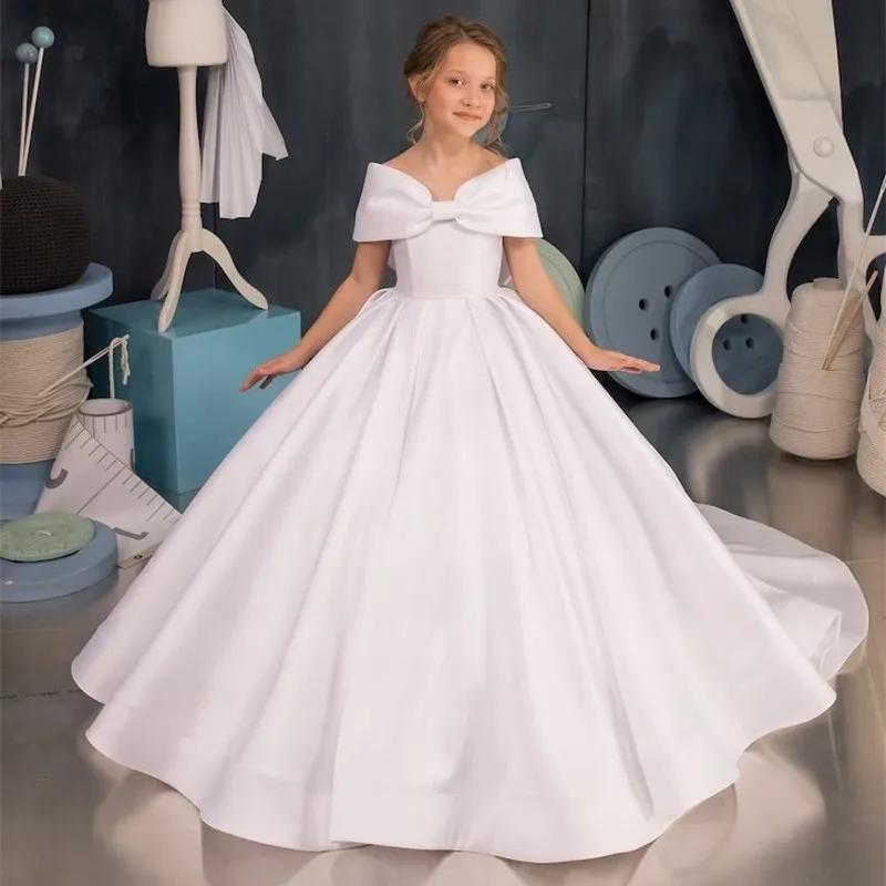 

Великолепное Белое Атласное официальное платье с цветочным рисунком для девочек на свадьбу, день рождения, Первое причастие, конкурс, искусственное