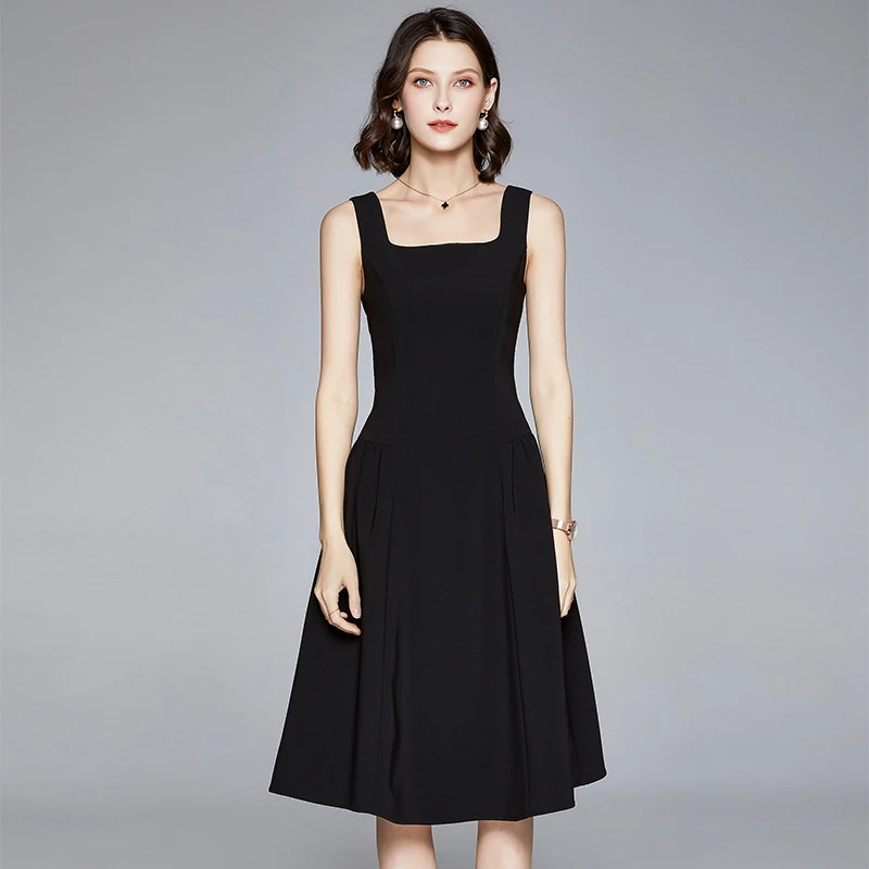 

Черное платье на бретелях в стиле Хепберн, женское летнее приталенное платье, нишевое высококачественное французское маленькое черное платье