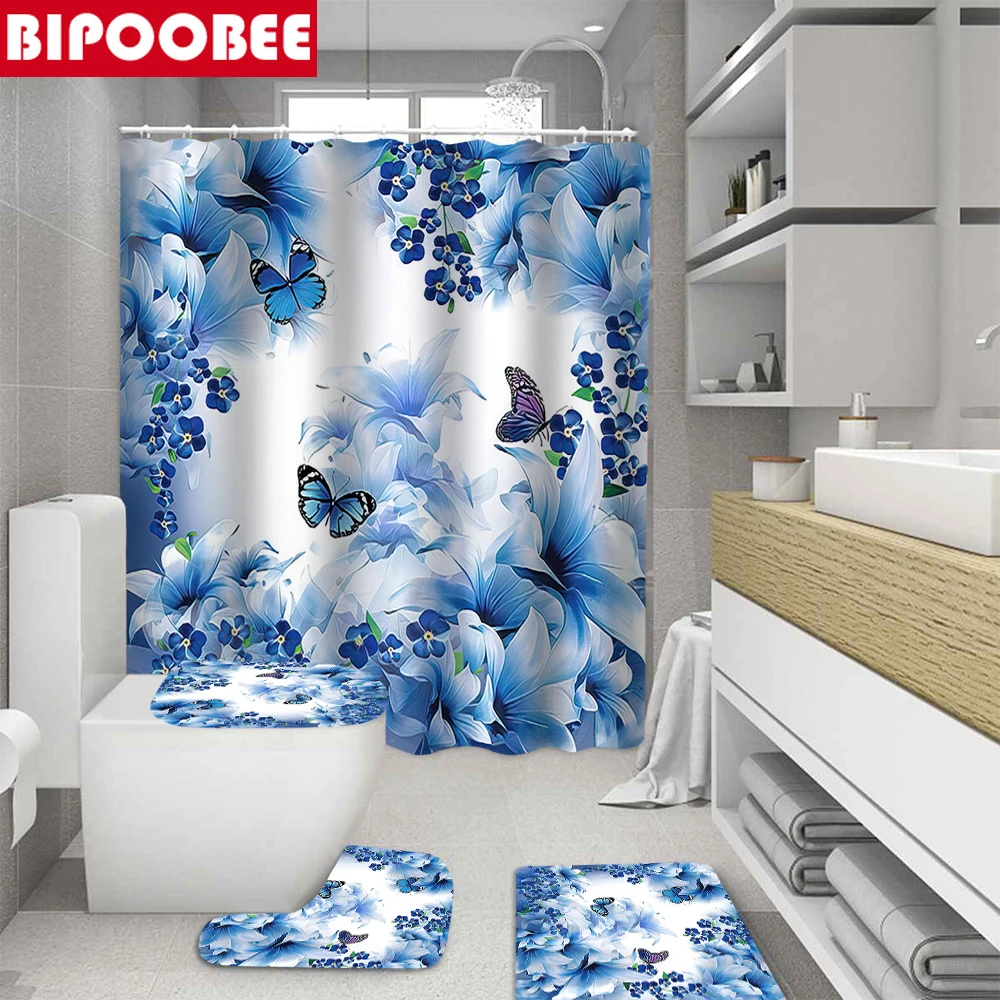 

Beautiful Blue Butterfly Flower Print Shower Curtain with 12 Hooks Bathroom Mat Set Anti-slip Soft Bath Carpet Home Decor