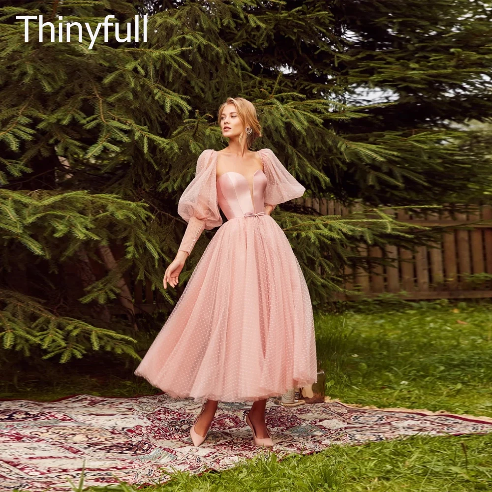 

Thinyfull Vintage Pink Polka Dot Princess Evening Dresses Tulle Sweetheart Long Puff Sleeves Party Dress Tea Length A-Line Prom
