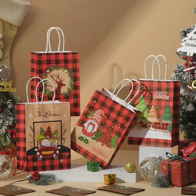 2024 Рождественская крафт-бумага ретро-сетка ручная сумка новогодняя коробка для
