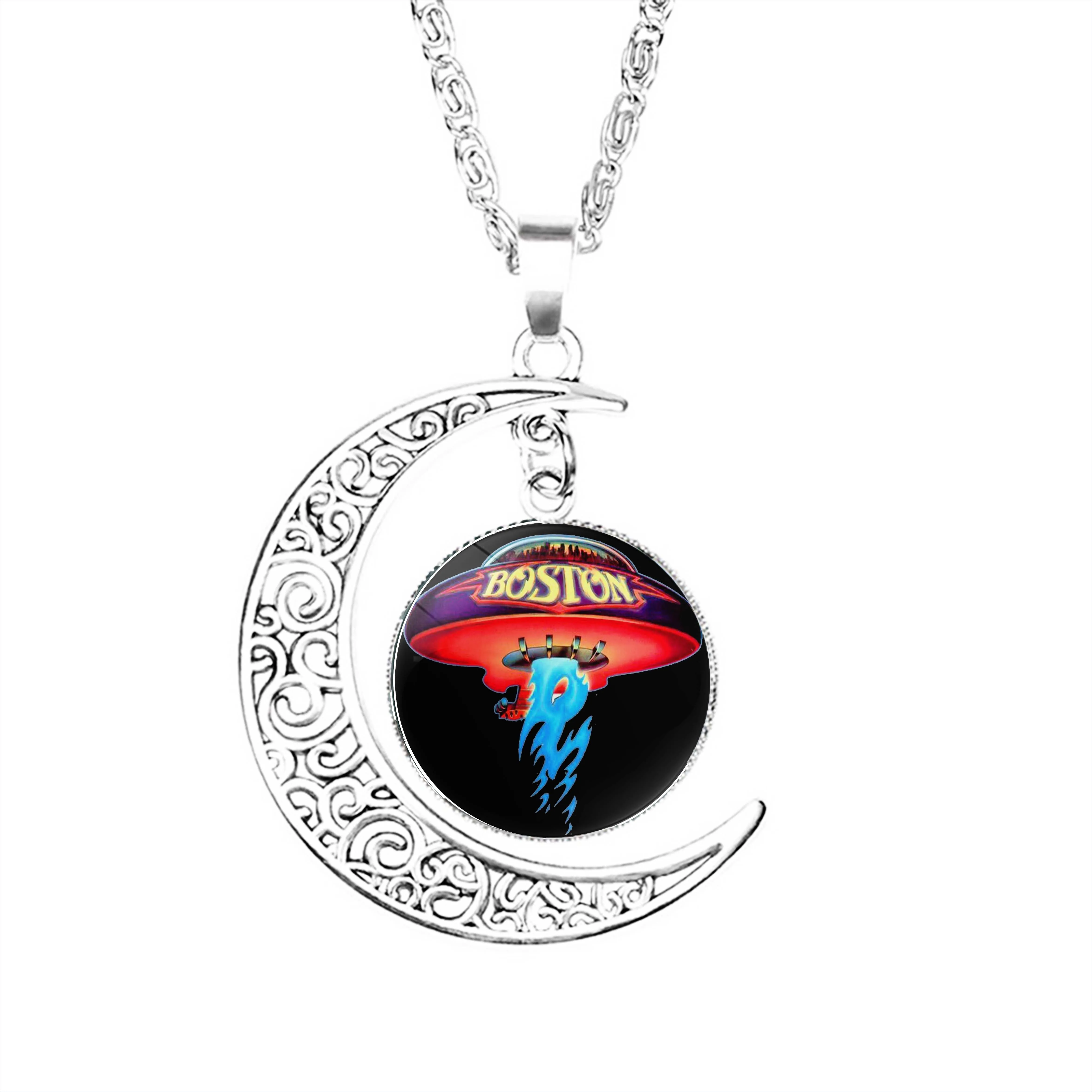 

Boston More Than A Feeling Moon Necklace Stainless Steel Crescent Glass Boy Fashion Women Men Pendant Lady Girls Gifts Chain