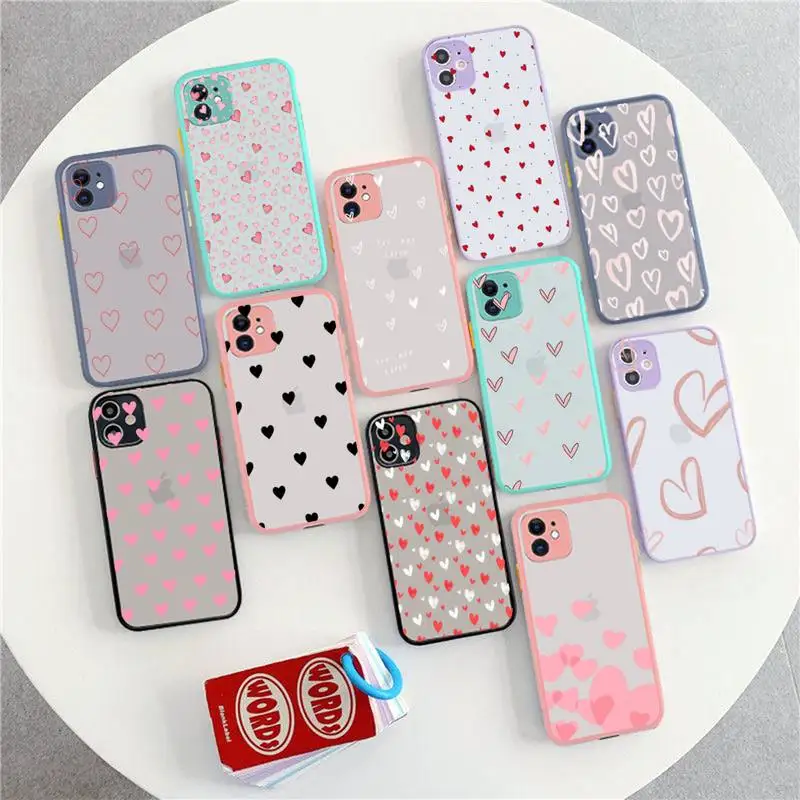 

FHNBLJ Love Heart Phone Case for iPhone X XR XS 7 8 Plus 11 12 13 pro MAX 13mini Translucent Matte Shockproof Case